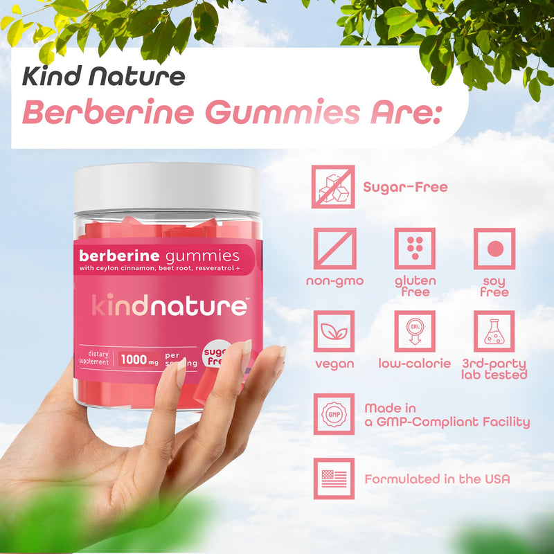 [Australia] - Kind Nature 1000mg Berberine Gummies - Sugar Free Natural Berberine Supplement Gummies with Ceylon Cinnamon & Beet Root - Non GMO, 3rd Party Tested Berberine Complex 