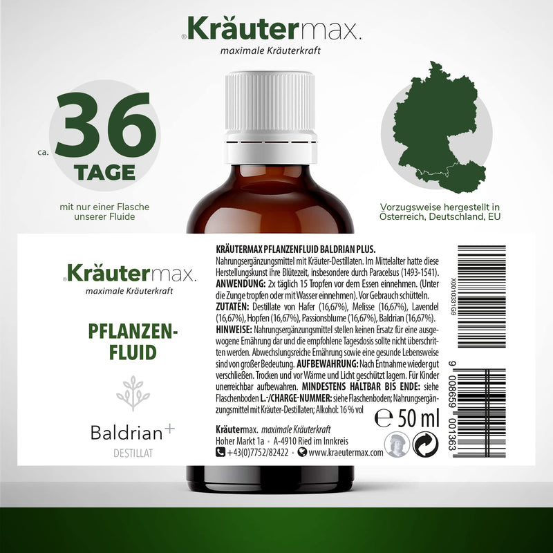 Kräutermax - Plant Fluid Valerian+ - Distillate in Glass - Vegan - Sustainable Packaging Thanks to Amber Glass Bottle - 50 ml