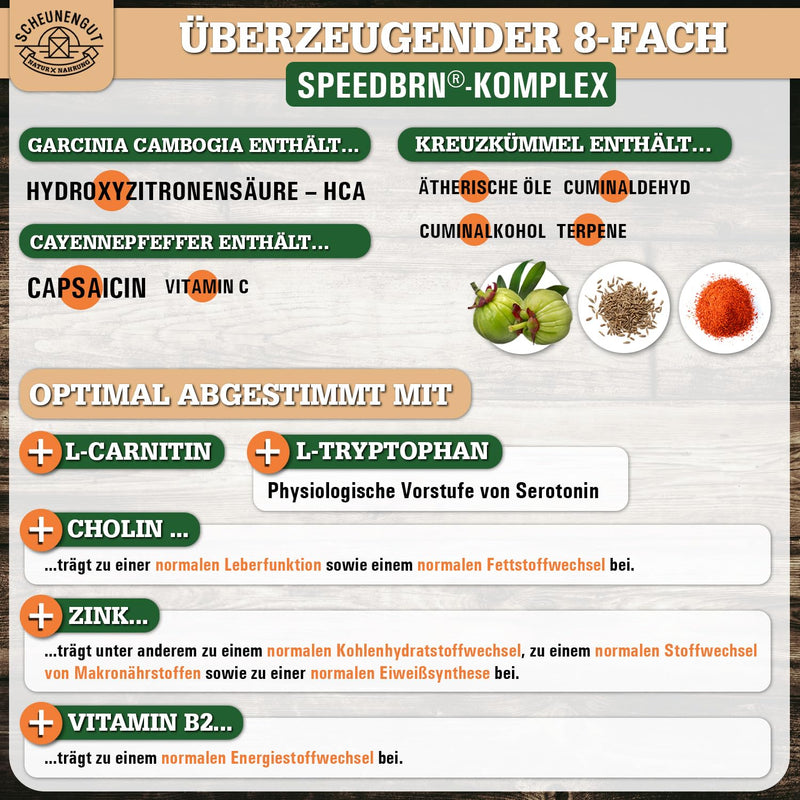 [Australia] - SPEEDBRN® -metabolism formula- IMPORTANT: Laboratory-tested treatment with choline, L-carnitine, garcinia cambogia, L-tryptophan, zinc and more I 120 capsules high dose -DE- SCHEUNENGUT® 