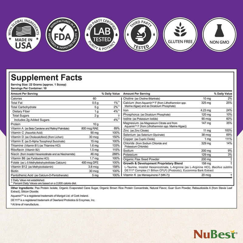 NuBest Tall Vanilla Plant-Based Protein Powder for Kids & Teens - Healthy & Immunity with Probiotics, Omega 3-6-9, Vitamin D3 + K2, Calcium & Vitamins - 10 Servings | 2 Week Supply 7.1 Ounce (Pack of 1)