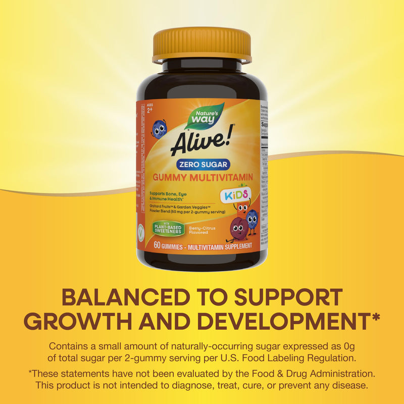 [Australia] - Nature's Way Alive! Kids Zero Sugar Gummy Multivitamins, for Kids Ages 2+, Supports Bone, Eye & Immune Health*, No Sugar Alcohols, Plant-Based Sweeteners, Berry-Citrus Flavored, 60 Gummies 