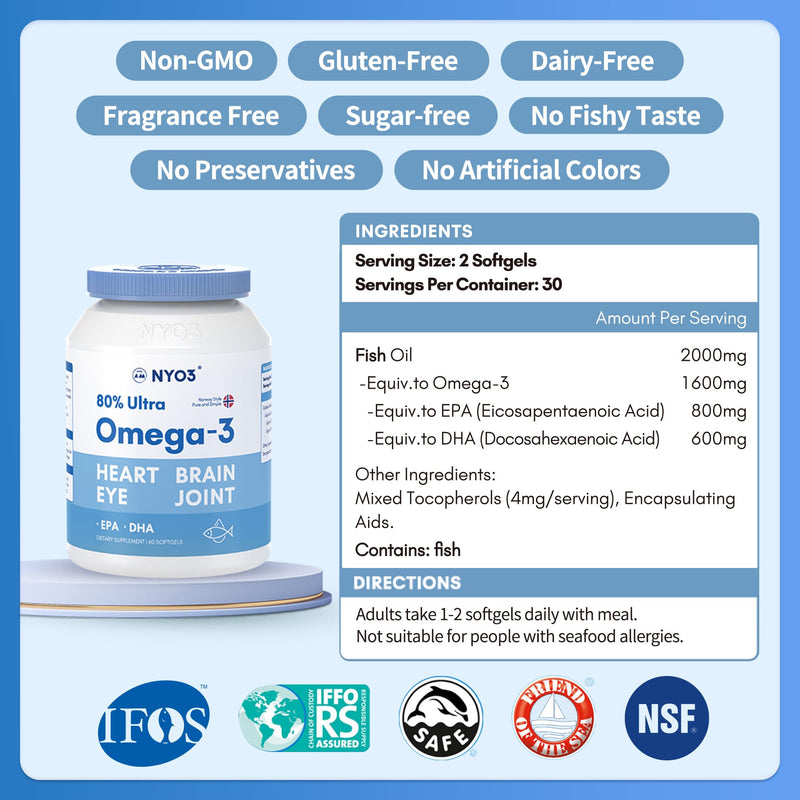 [Australia] - NYO3 omega-3 fish oil supports heart health, improves vision and strengthens memory with 60 capsules 
