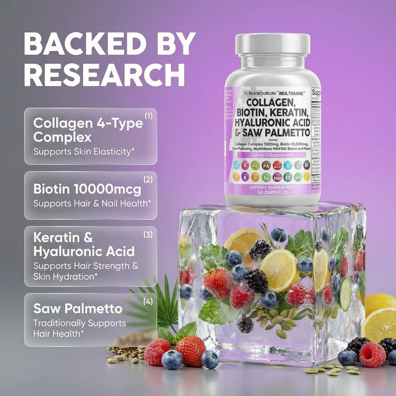 Clean Nutraceuticals Collagen Pills 1000mg Biotin 10000mcg Keratin Saw Palmetto Hyaluronic Acid - Hair Skin & Nails Vitamins & DHT Blocker with Vitamin E Folic Acid Pumpkin Seed MSM - 90 Count 90 Count (Pack of 1)
