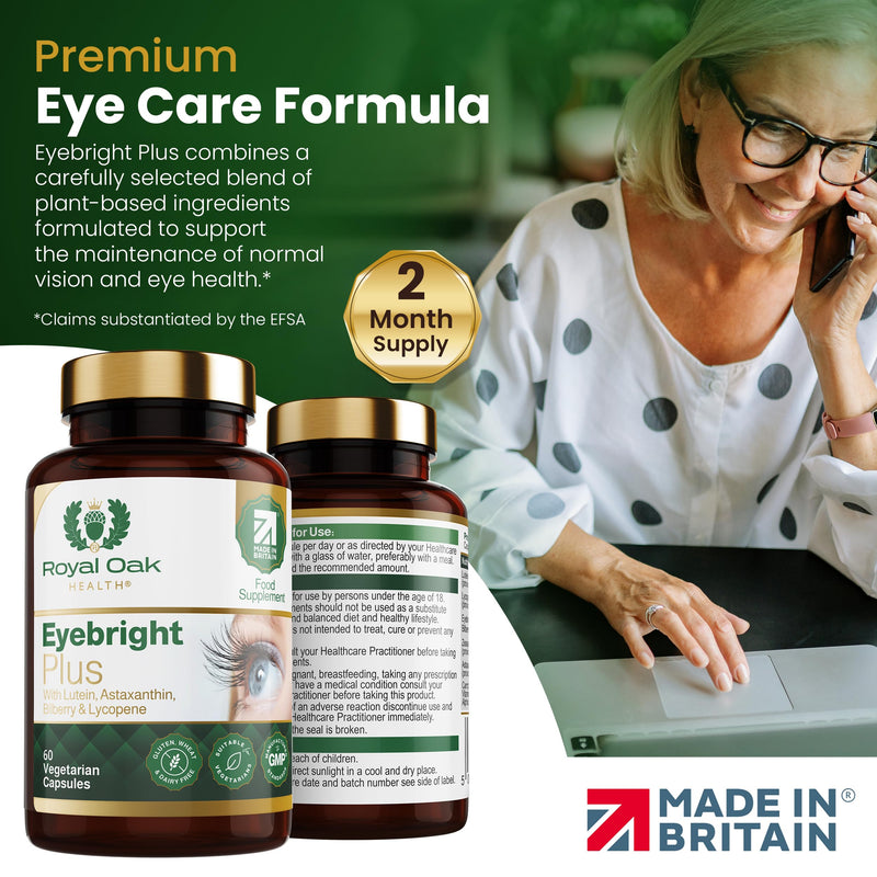 Eyebright Plus Complex with Lutein, Zeaxanthin, Astaxanthin, Bilberry, Eyebright, Lycopene & Vitamin A | 60 Capsules | High Strength Vision Support | UK Made
