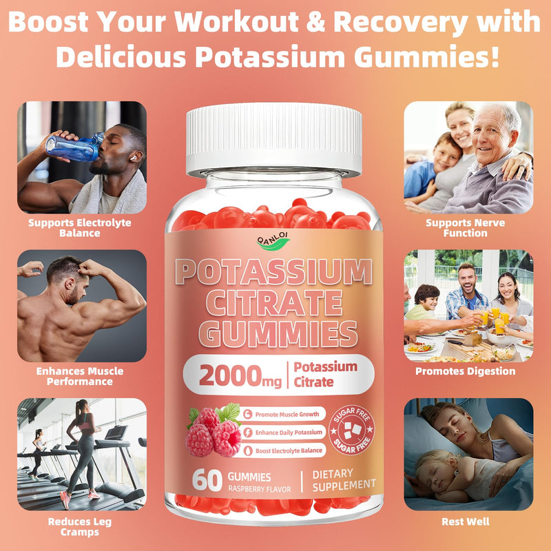 Potassium Citrate Gummies, 2000mg Potassium Supplement for Adults | Potassium Gummies with Magnesium Glycinate, Vitamin D3 for Muscle & Immune Support - Sugar Free, 60 Count Raspberry Flavor 60 Count (Pack of 1)