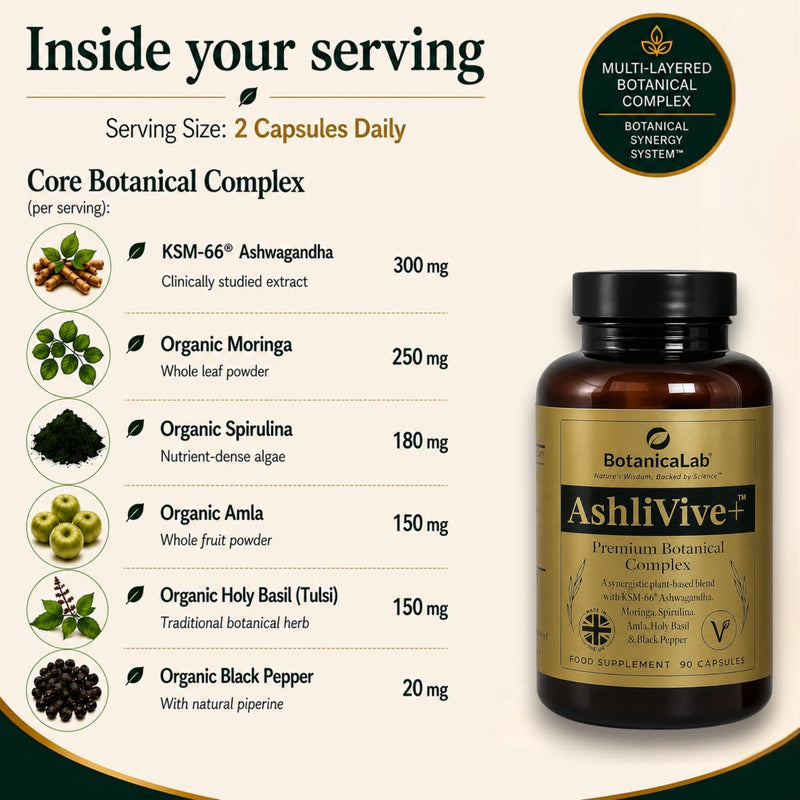Complete Multi-Botanical Daily Support Complex | AshliVive+® Structured Botanical Formula with KSM-66® Ashwagandha | Stress Support, Calm Focus & Daily Vitality | UK Made Vegan | 90 Count