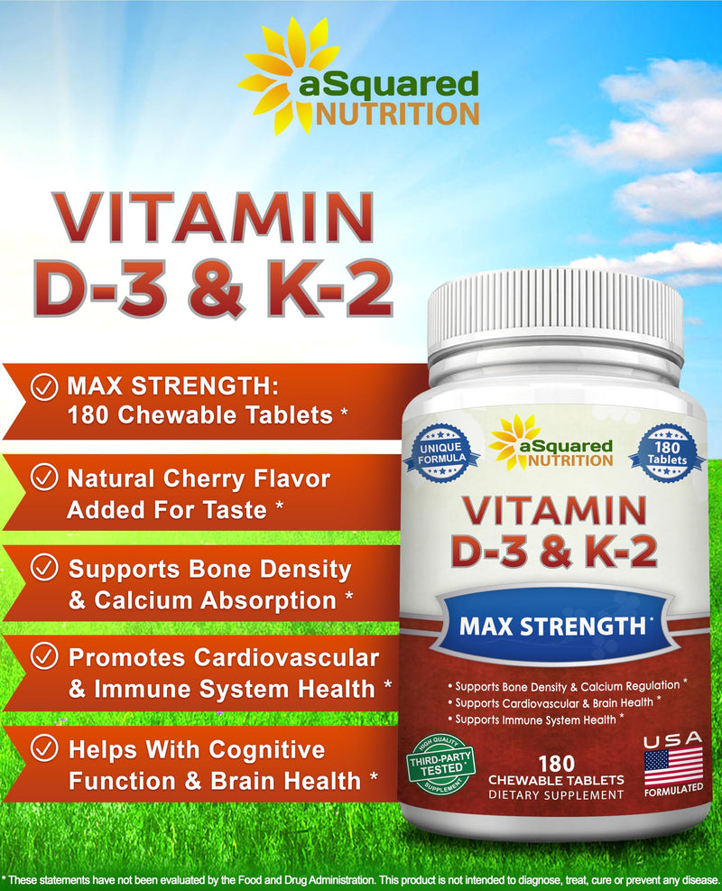 Vitamin D3 with K2 Supplement - 180 Chewable Tablets: Vit D-3 2000 IU & K-2 | Max Strength D3 K2 - Pure D-3 Cholecalciferol & K-2 MK7 to Support Healthy Bones, Teeth, Heart - Antioxidant Energy Formula 180 Count (Pack of 1)
