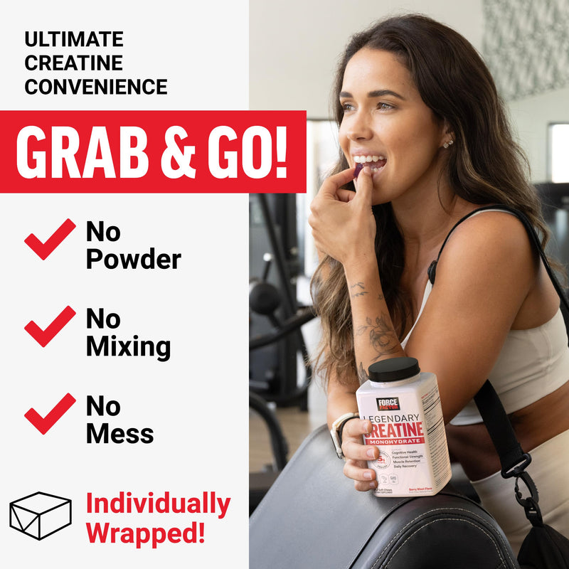[Australia] - FORCE FACTOR Legendary Creatine Chews, 5g Creatine Monohydrate, Build Muscle, Improve Strength & Recovery, Support Memory & Cognitive Function, Sugar Free, Berry Blast, 60 Soft Chews 