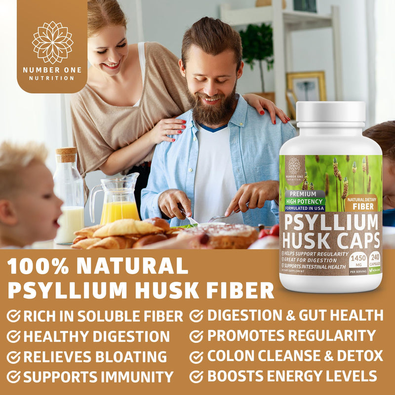[Australia] - N1N Premium Psyllium Husk Capsules [All Natural,1450 MG] Powerful Soluble Fiber Supplement to Support Regularity and Digestive Health, 240 Caps 