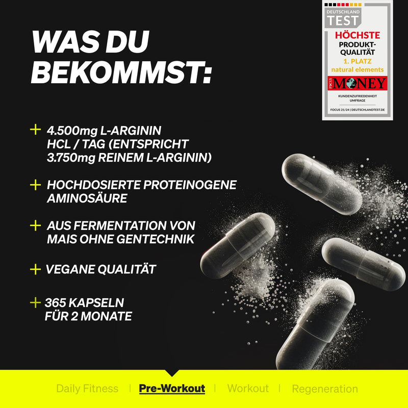 [Australia] - L-Arginine - 365 capsules - High dosage: 4,500mg vegan L-Arginine HCL per daily dose (3,750mg pure L-Arginine) - high dosage - made in Germany & laboratory tested 