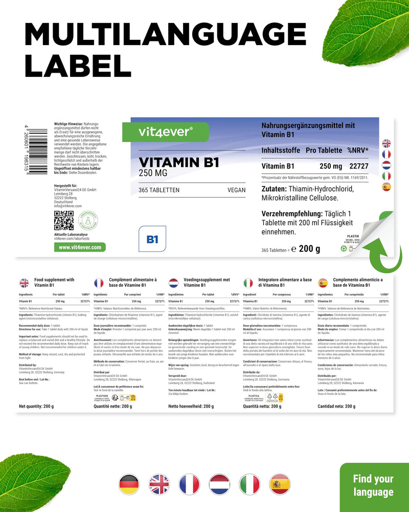 [Australia] - Vitamin B1 (Thiamine) - 250 mg - 365 tablets - Premium: Thiamine Hydrochloride - High bioavailability - 12 month supply - No unwanted additives - Vegan 