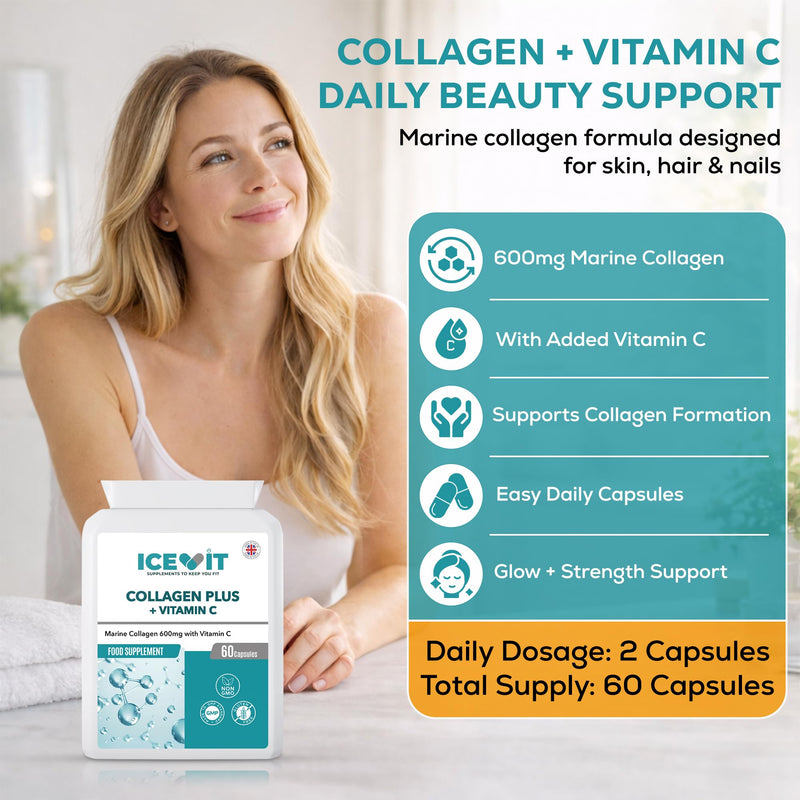 Collagen Plus with Vitamin C, Marine Collagen Capsules, 1200mg Collagen per Serving, Vitamin C 24mg, 60 Capsules, Food Supplement, Letterbox Friendly Flat Bottle