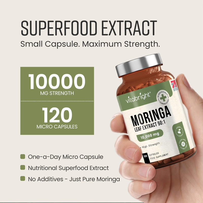 Pure Moringa Capsules | High Strength 10,000mg | 4 Months - 1 Per Day | No Additives | Vegan Superfood Powder Capsules | Pure Moringa Leaf Extract | VitaBright - Made in UK