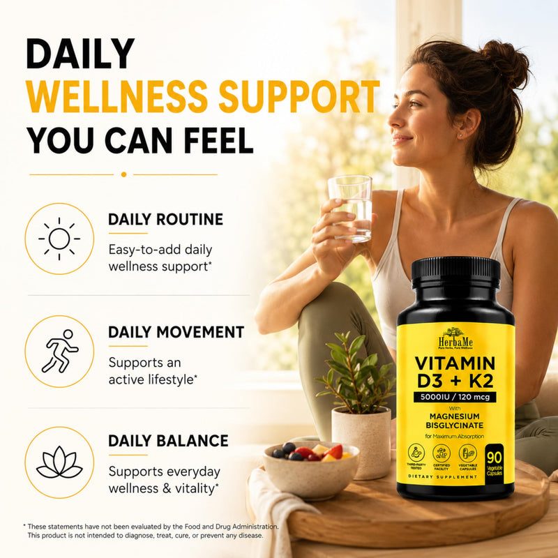 HerbaMe Vitamin D3 5000 IU + K2 with Magnesium Bisglycinate Formula | Complete D3 Activation & Calcium Absorption to Support Bone, Muscle & Immune Health, 90 Capsules