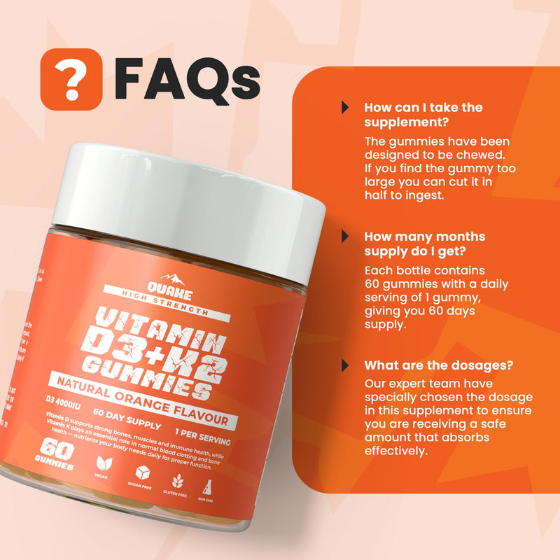 Quake Vitamin D3 + K2 Gummies 4000 IU (100µg) D3 & MK-7 - High Strength Vegan Vitamin D Gummies for Immune Support, Bones & Daily Health - Orange Flavour - 60 Gummies (60 Day Supply)