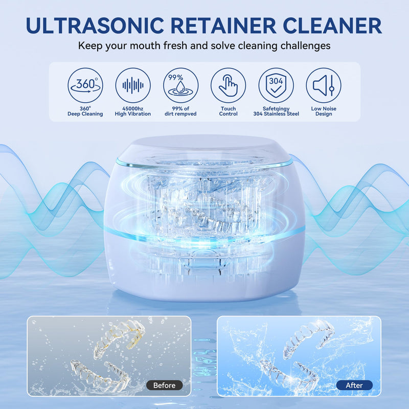 [Australia] - Ultrasonic Retention Cleaner,45kHzRetainer Cleaner Machine for Denture, Mouth Guard, Night Guard, Aligner, Braces, Toothbrush Head & Jewelry,245ML Dental Cleaning Pod 