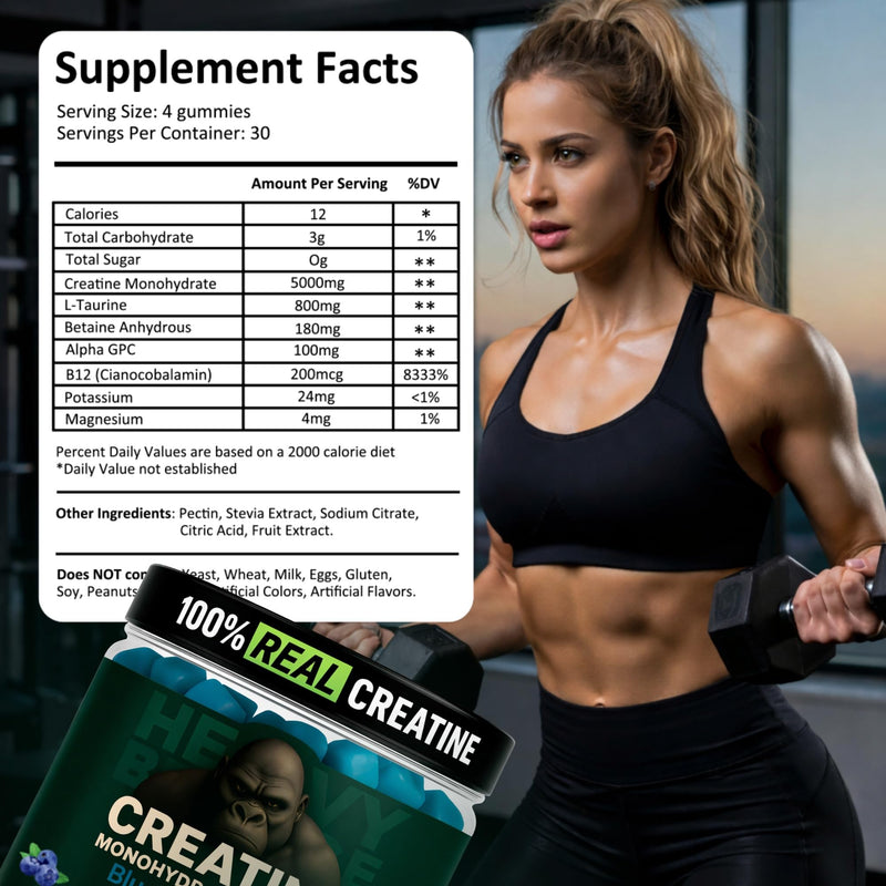 Creatine Monohydrate Gummies 5g Sugar Free Creatine with Vitamin B12 and L-Taurine | Muscle Growth for Men and Women | Low Calorie Formula 120 Gummies for 30 Servings, Blueberry