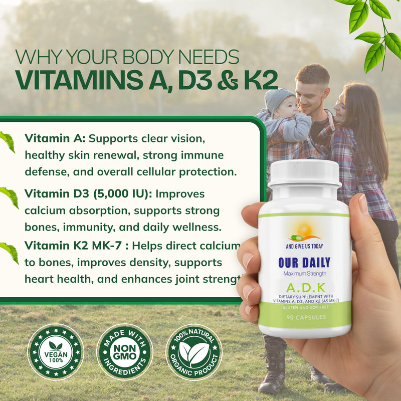 Daily Vites ADK Vitamin Supplement – Vitamins A, D3 & K2 (MK-7) for Bone Health, Calcium Absorption, Heart & Immune Support – Physician Formulated – Non-GMO, Gluten Free – 90 Capsules, 90 Servings 90 Count (Pack of 1)
