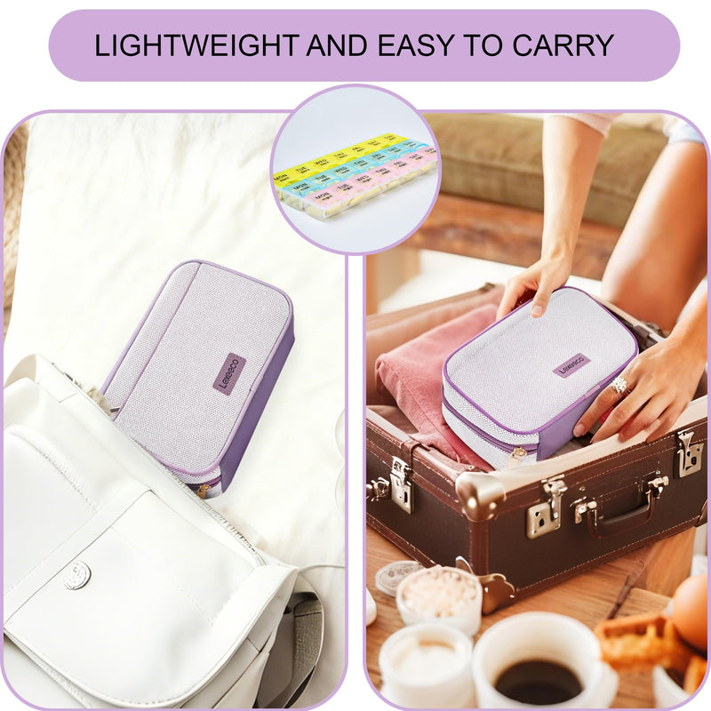 Weekly Travel Pill Organizer 2 Times A Day Pill Case for Purse with Removable AM PM 7 Day Pill Box Holder,Cute Medication Organizer Pill Container for Medicine, Vitamin, Supplement (Purple, Medium) Purple 02