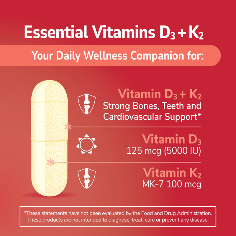 21st Century Vitamin D3 125 mcg (5000 IU) + K2 100 mcg Capsules, 120 Count, Bone, Teeth & Heart Support, Non-GMO, Milk, Lactose, Soy, Wheat, & Gluten Free