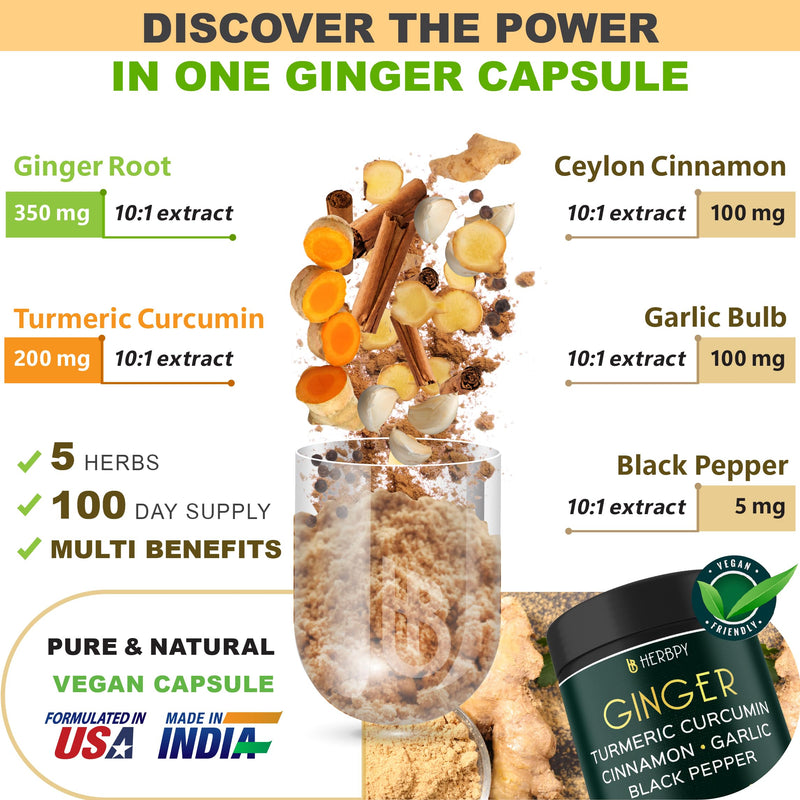 [Australia] - 5in1 Ginger and Turmeric Supplements with Ceylon Cinnamon, Garlic - Digestion, Immune, Brain & Heart Health Support - 100 Vegan Capsules 
