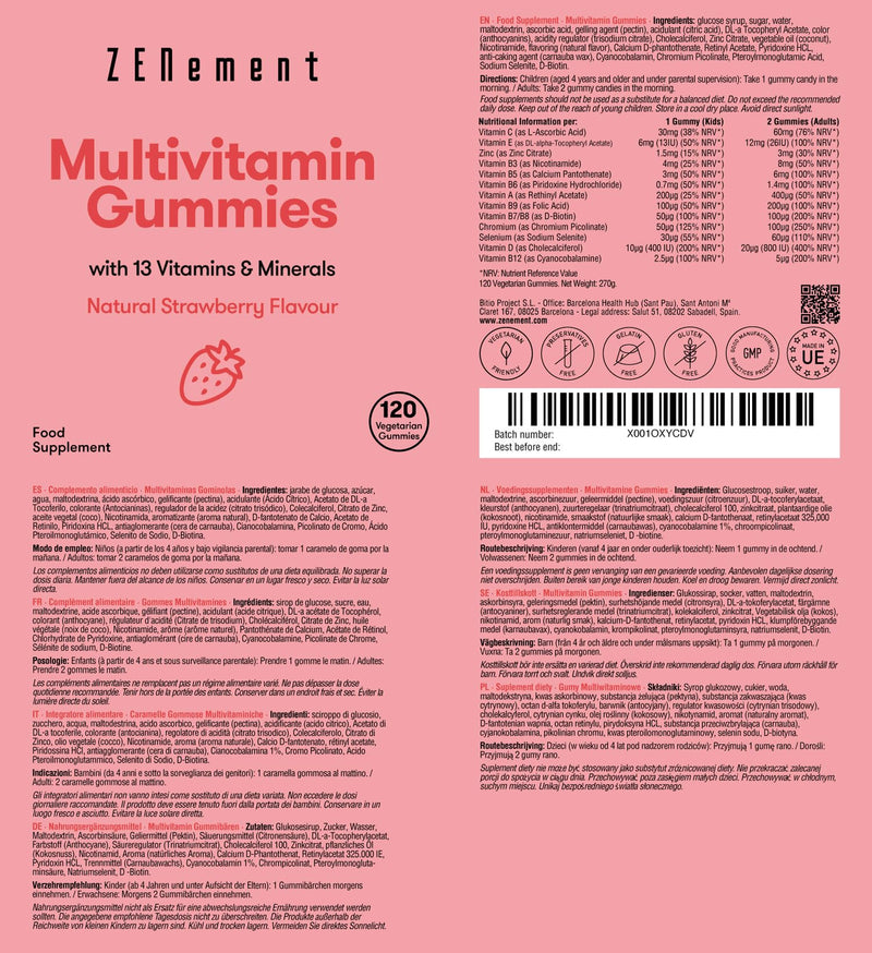 [Australia] - Multivitamin gummy bears for children, 120 pieces | Gummies with 13 vitamins and minerals (vitamin C, D3, biotin, folic acid, zinc & more) | Strawberry flavored | Zenement 