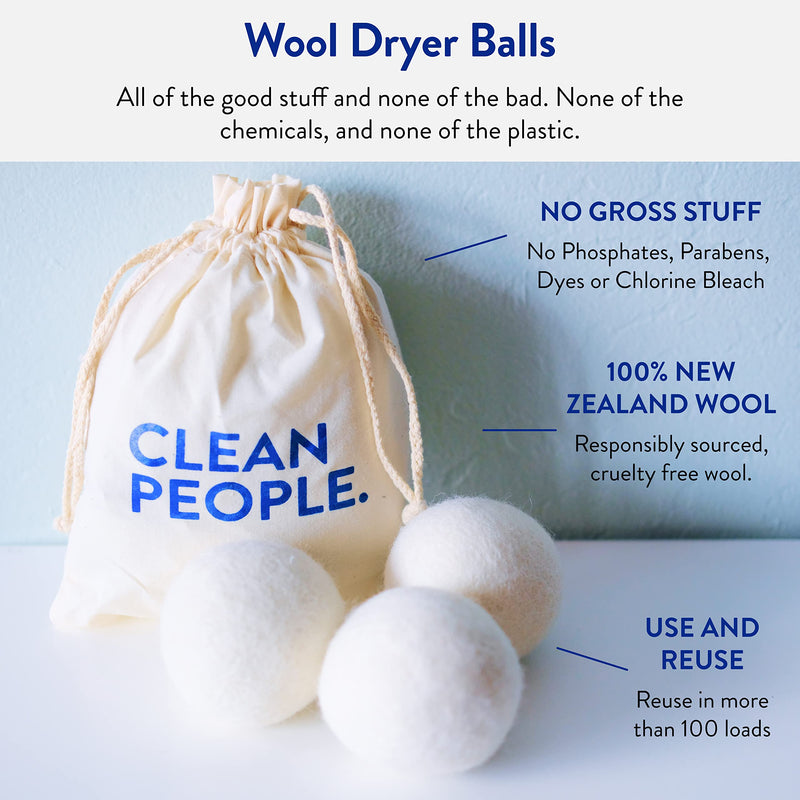 Clean People 100% New Zealand Wool Dryer Balls - 3 Pack - Organic Natural Wool for Laundry, Fabric Softening, Anti Static, Baby Safe, No Lint, Odorless and Reusable - Replaces Hundreds of Dryer Sheets