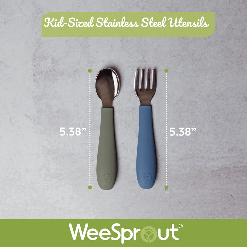 WeeSprout Toddler Utensils, 3 Forks & 3 Spoons, 18/8 Stainless Steel & Food Grade Silicone, Thick Easy-Grip Handles, Perfect Length For New Self Feeders, Gentle On Gums & Teeth, Dishwasher Safe Matte Dark Gray, Blue, Green