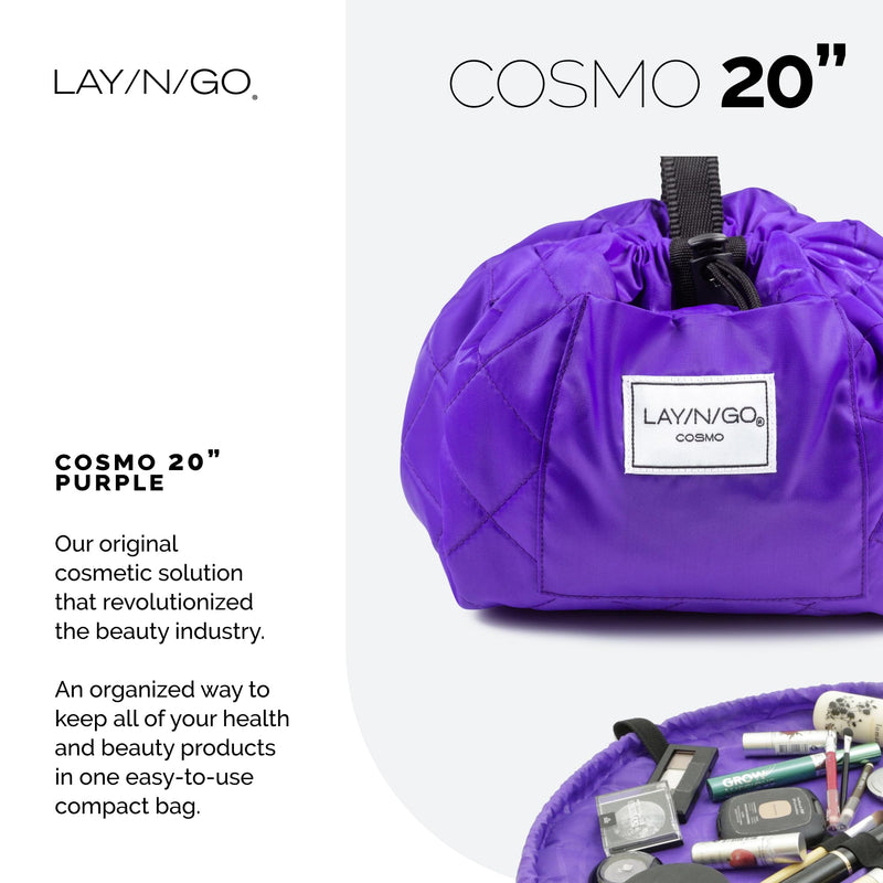 Lay-n-Go Cosmo Drawstring Cosmetic Pouch 20" Makeup Bag Organizer & Nail Spa 18" Acrylic Nail Polish Holder Toiletry Bag for Travel, Gift Bundle, Purple
