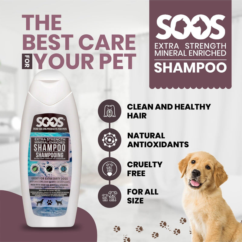 Soos Pet Shampoo Extra Strength Cat and Dog Shampoo Natural Dead Sea Minerals Fast Absorbing - 1x Bottle (500ml) - PawsPlanet Australia
