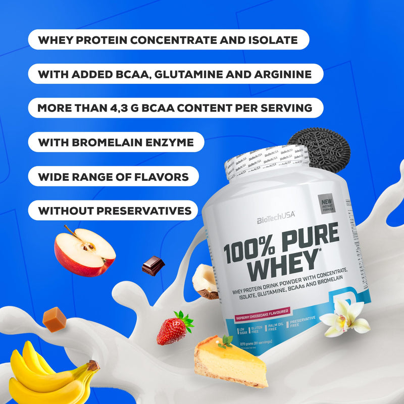 BioTechUSA 100% Pure Whey | Protein Powder with BCAA and Glutamine | Gluten-Free, Palm Oil Free | 21g Protein per Serving, 454 g, Strawberry 454 g (Confezione da 1)