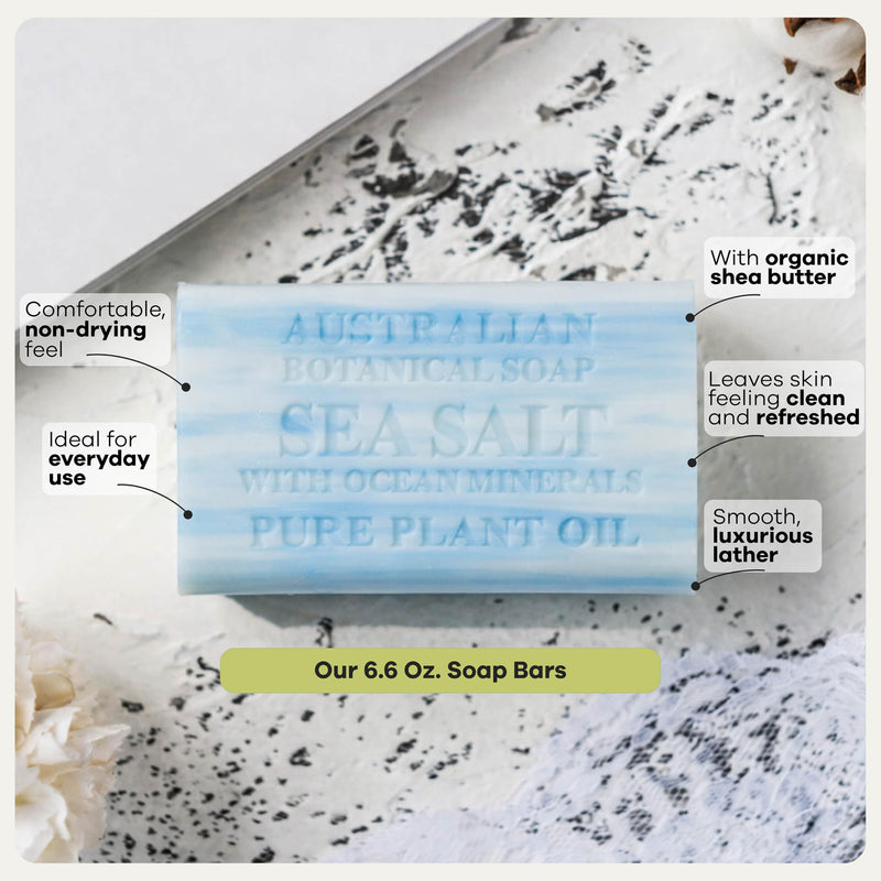 Australian Botanical Soap Valencia Orange & Sea Salt Soap Bars, Pack of 8 | Variety Pack, 6.6 oz Each: 4 Valencia Orange and 4 Sea Salt; with Shea Butter, Ocean Minerals & Vitamin C for Hands and Body Valencia Orange, Sea Salt 6.6 Ounce (Pack of 8)