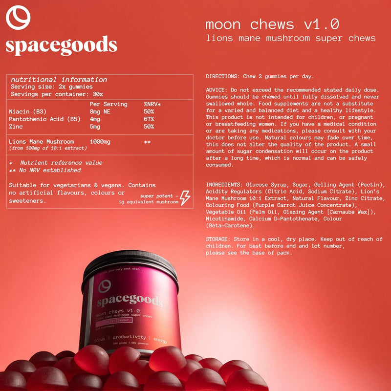 Spacegoods Moon Chews 240g, 30 Servings, Lion's Mane Super Chew, Focus & Clarity Boost, On-The-Go Convenience, Delicious Texture and Taste, Strawberry Flavour