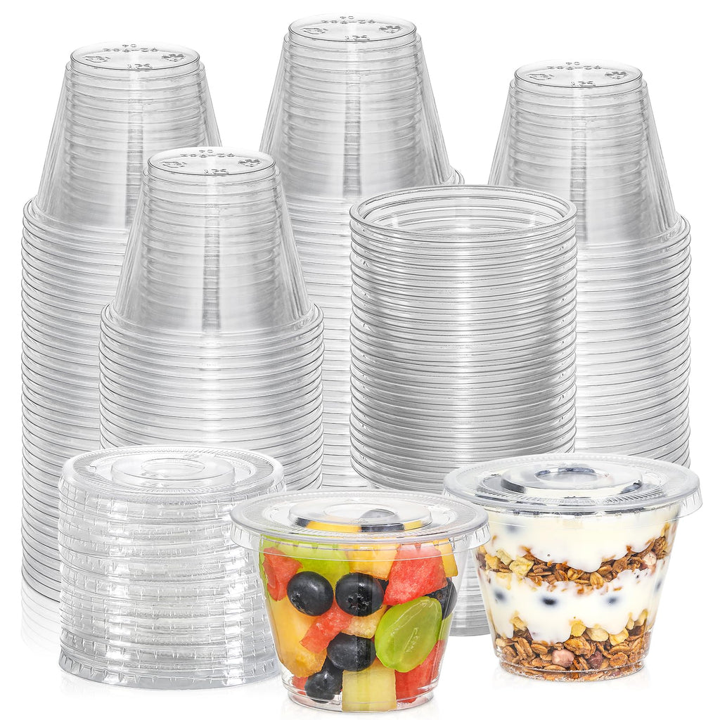 AOZITA [50 Sets, 9 oz Clear Plastic Cups With Flat Lids No Hole, Disposable Cups With Lids for Ice Cream, Pudding, Cake, Snacks Smoothie, Milkshake, Cold Drinks 50 Sets