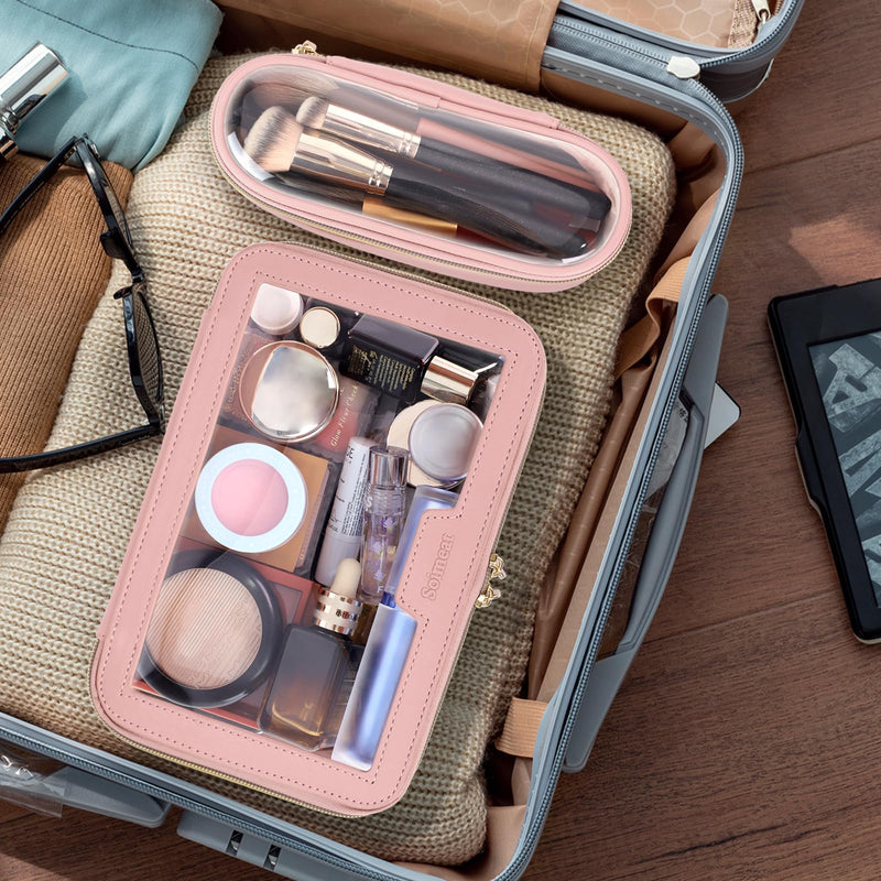 Soimeat Travel Clear Makeup Bag with Makeup Brush Bag, Leather Makeup Case Toiletry Bag, Portable Cosmetic Bag Case, Transparent Waterproof Cosmetic Organizer Storage Bag for Women
