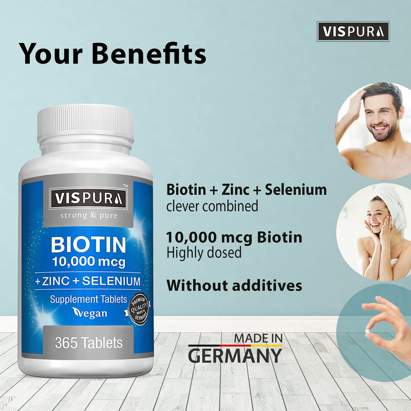 [Australia] - Biotin 10000 mcg + Zinc + Selenium, Pure, Vegan & Extra Strong, Best Supplement for Hair Growth, Glowing Skin, Strong Nails*, 365 Tablets for 12 Months, Natural Without Additives 365 Count (Pack of 1) 