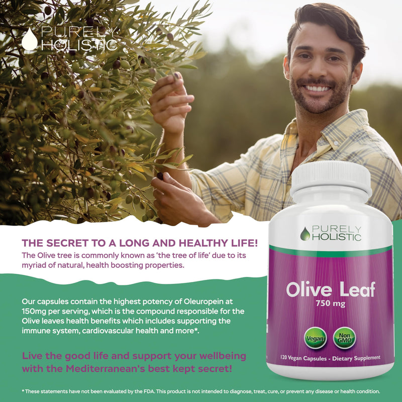 [Australia] - Purely Holistic Olive Leaf Extract 750mg Non-GMO Maximum Strength - 120 Vegan Capsules - 20% Oleuropein - 4 Month Supply - Support Supplement 
