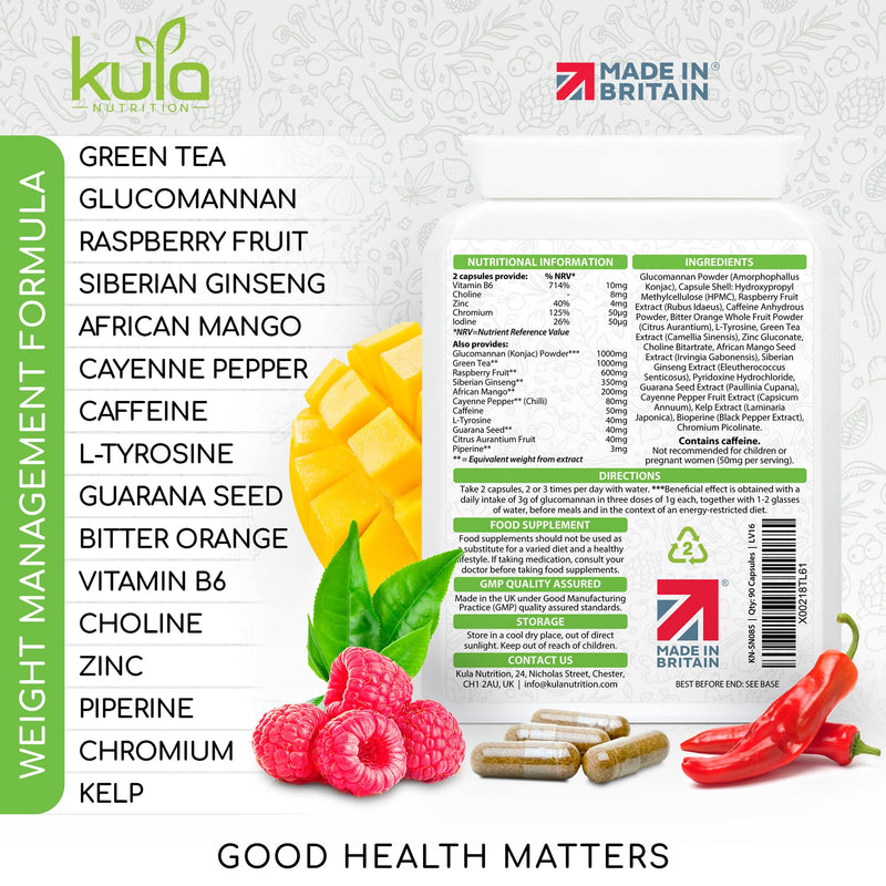 ThermoTea - Thermogenic Green Tea Complex for Weight Management with Glucomannan Konjac Soluble Fibre, Raspberry Ketones, African Mango, Chilli, L-Tyrosine, Vitamin B6 and Chromium - 90 Vegan Capsules