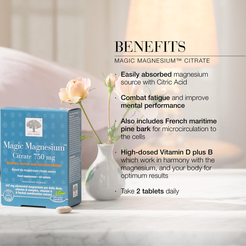 New Nordic Magnesium Citrate - 750 mg Extra Strength - Muscle & Sleep Support for Women & Men - Vitamin B Complex & Vitamin D - 60 Tablets Unflavoured 60 count (Pack of 1)