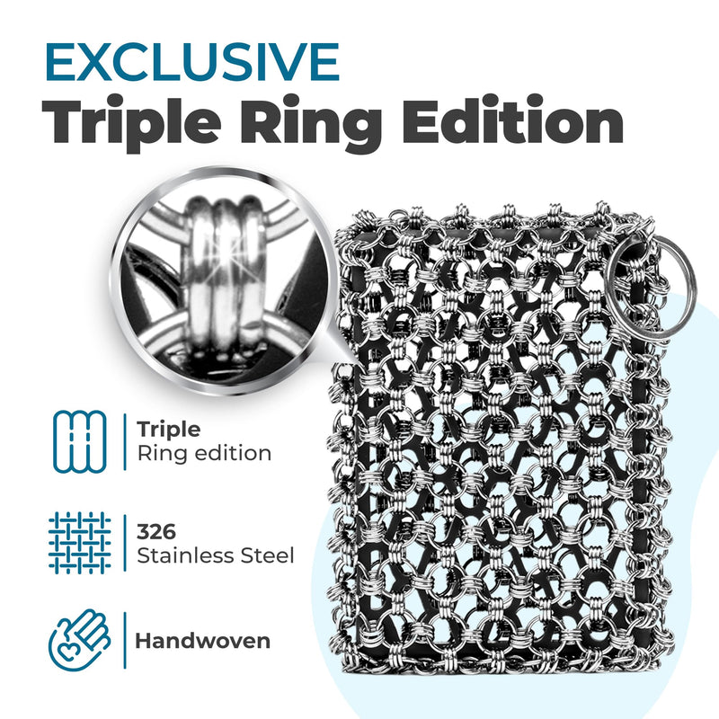[Australia] - [EXCLUSIVE EDITION] BTLUX Cast Iron Scrubber – 316 Stainless Steel, Triple Ring Chainmail - Perfect Cleaner for Cast Iron Pans, Skillets, Pots, Woks (Black) Black 