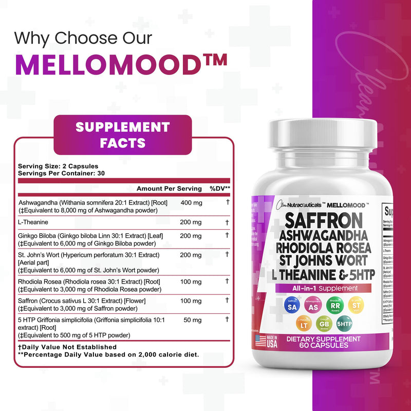 [Australia] - Clean Saffron Supplements with Ashwagandha 8000mg - Mood Support with L-Theanine 200mg, Ginkgo Biloba 6000mg, St. John's Wort 6000mg, Rhodiola Rosea 3000mg & 5-HTP 500mg - Saffron Pills Capsules USA 