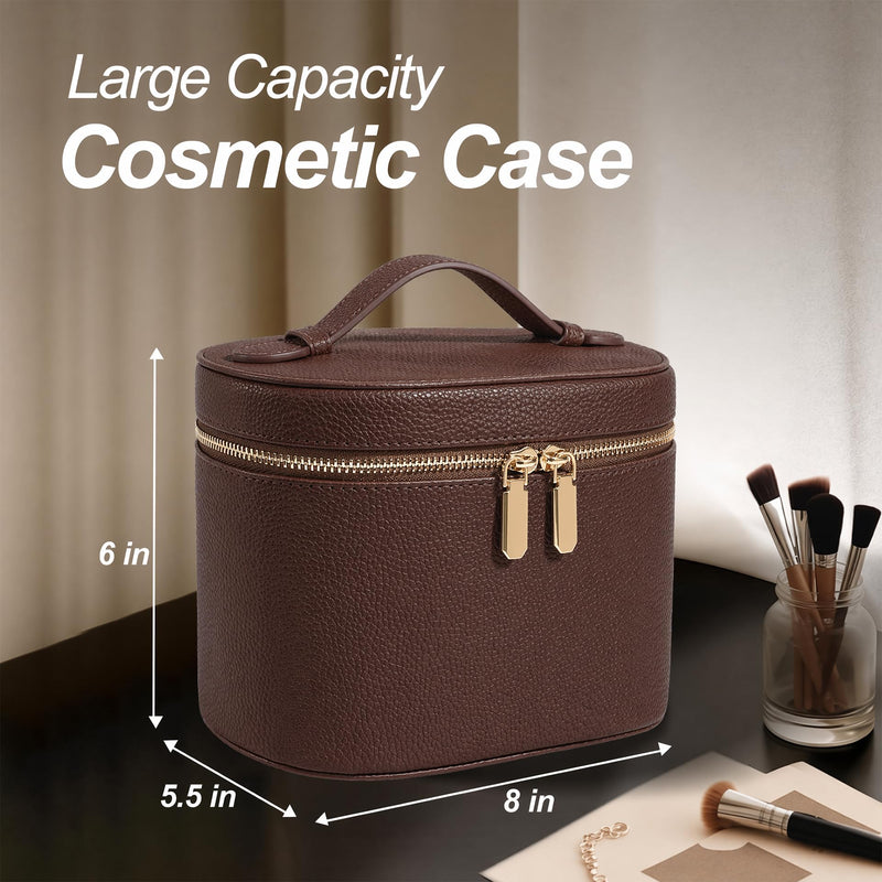 Cosmetic Case, Leather Makeup Bag, Portable Handheld Makeup Case, Detachable Compartments Coffee M(8*5.5*6in)