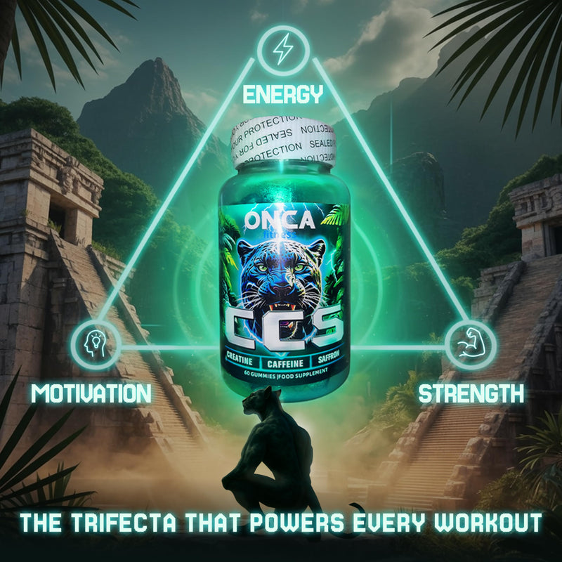 Creatine + Saffron Gummies - ONCA FITNESS – 5g Creatine Monohydrate, Caffeine from Guarana & Saffron Extract – Strength, Energy & Motivation – Vegan – Blueberry Flavour – 60 Gummies