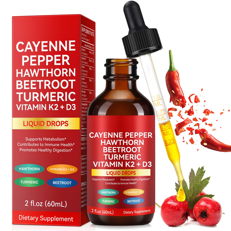 [Australia] - Cayenne Pepper Drops, Natural Cayenne Pepper Supplement Liquid Drops,Vitamin D3 K2 Beet Root Powder, Ceylon Cinnamon, Turmeric Curcumin, 60ml 