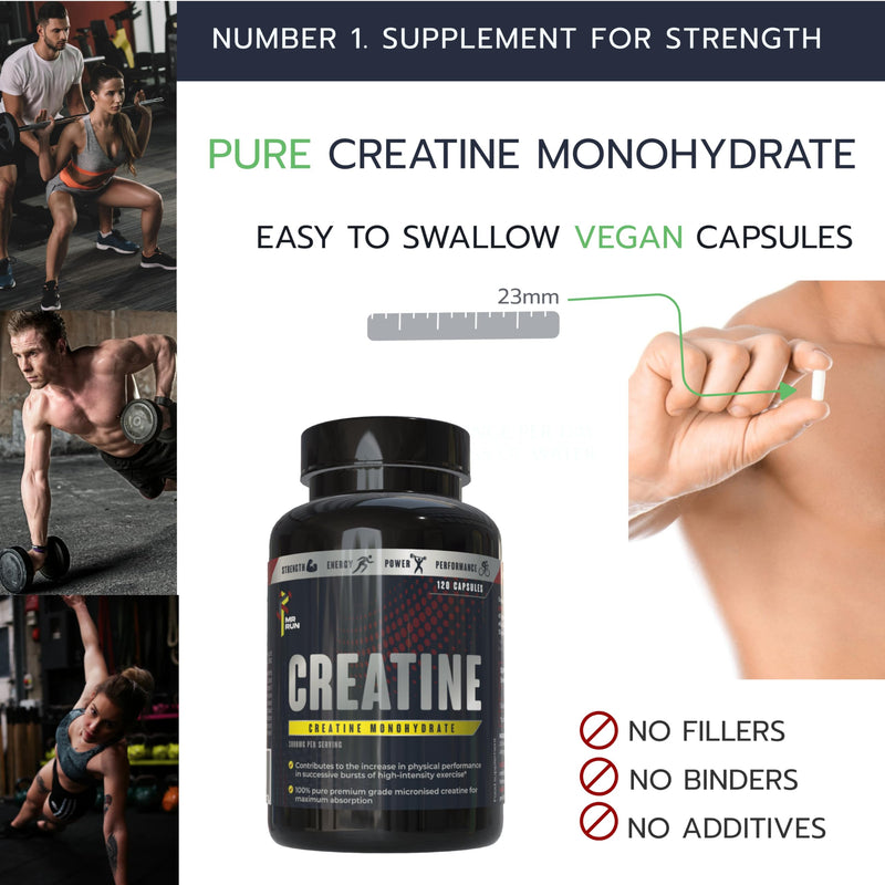 Creatine Tablets 3000mg Per Serving - Premium Creatine Monohydrate, 120 Capsules - Muscle Gain Pre Workout Gym Supplement for Men and Women - Zero Sugar or Additives, Vegan, UK Made - 30 Servings