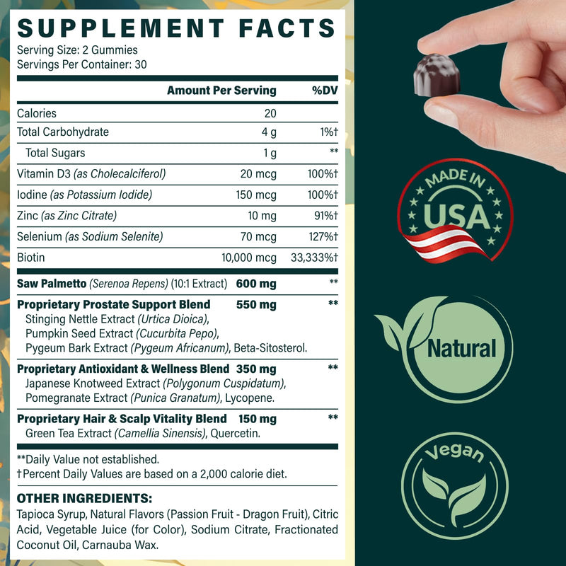 [Australia] - Saw Palmetto Gummies for Men ‚Äì 600mg Extra Strength DHT Blocker with Biotin, Pumpkin Seed ‚Äì Supports Prostate Function, Urinary Flow & Hair Regrowth Supplement, 60 Passionfruit-Dragonfruit Gummies 120 Count (Pack of 1) 