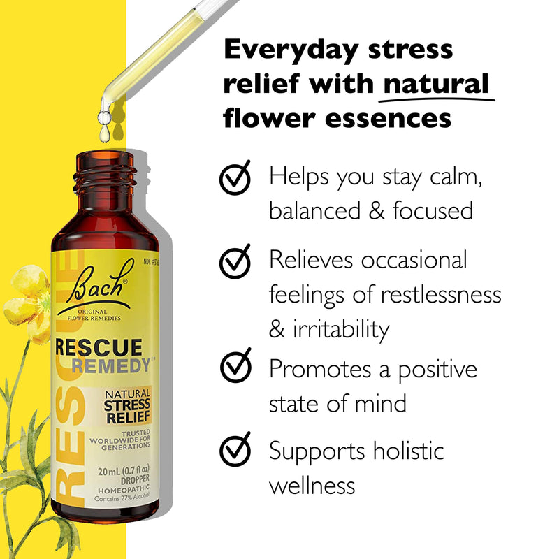 Bach RESCUE REMEDY Dropper 20mL, Natural Stress Relief, Homeopathic Flower Essence, Vegan, Gluten & Sugar-Free, Non-Habit Forming 20mL (Original Formula)