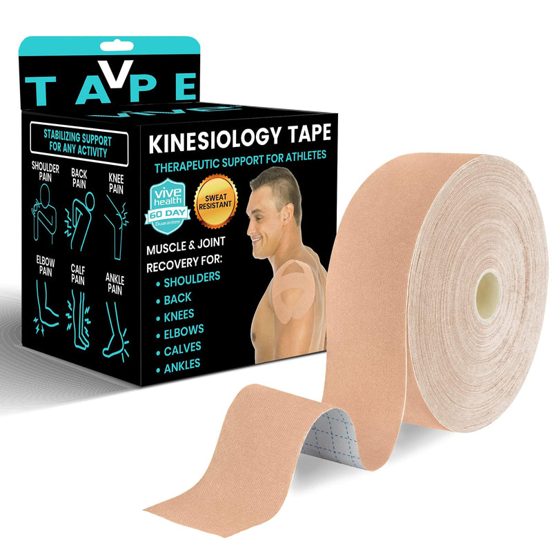 [Australia] - Vive Kinesiology Tape (105 Feet) - Therapeutic Athletic Support Tape - Uncut Kensio Roll - Muscle and Joint Recovery for Shoulder, Back, Knee, Elbow and Ankle Pain Relief - Waterproof for Sports Beige 2" x 105' 
