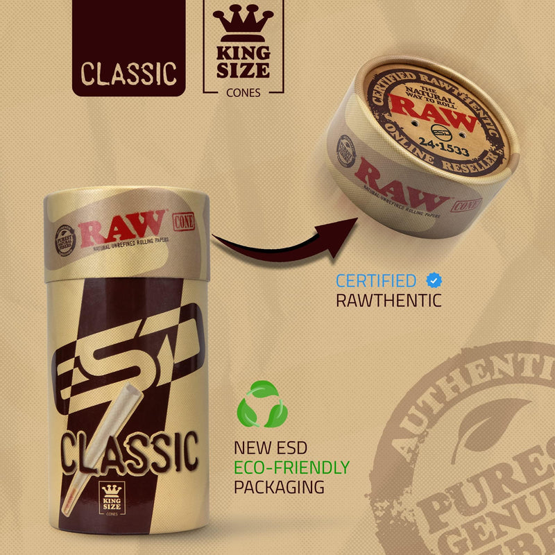 [Australia] - RAW Cones Classic King Size | 50 Pack | Natural Pre Rolled Rolling Paper with Tips & Packing Tubes Included 