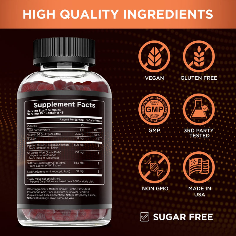 [Australia] - Saffron Gummies - Sugar Free Saffron Supplement with Vitamin D2, Passion Flower, St. John's Wort, GABA - Positive Mood, Digestion, Energy (90ct) 